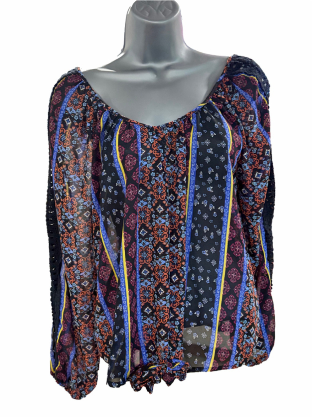 2. Women's American Rag Boho Blouse Medium Black Multi-color Floral Print